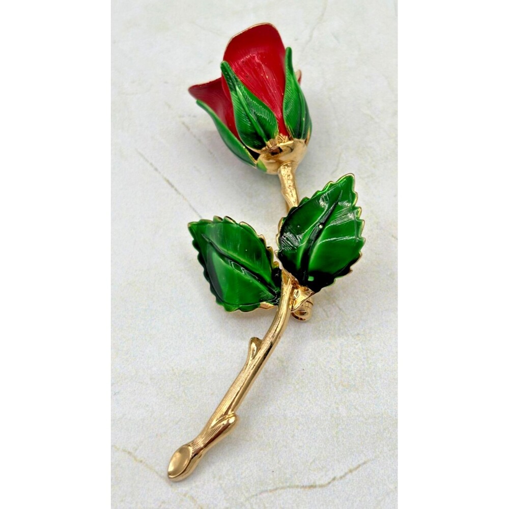 Vintage Signed Giovanni‎ Rose Pin Brooch Gold Red & Green Leaves Enamel EUC